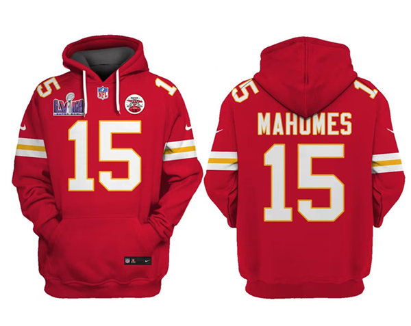 Men's Kansas City Chiefs #15 Patrick Mahomes Red Super Bowl LVIII Patch Pullover Hoodie